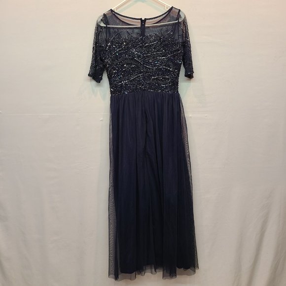 Adrianna Papell Formal Dress Beaded Sequin Womens 4 Navy Blue Short Sleeve Maxi - Picture 8 of 16